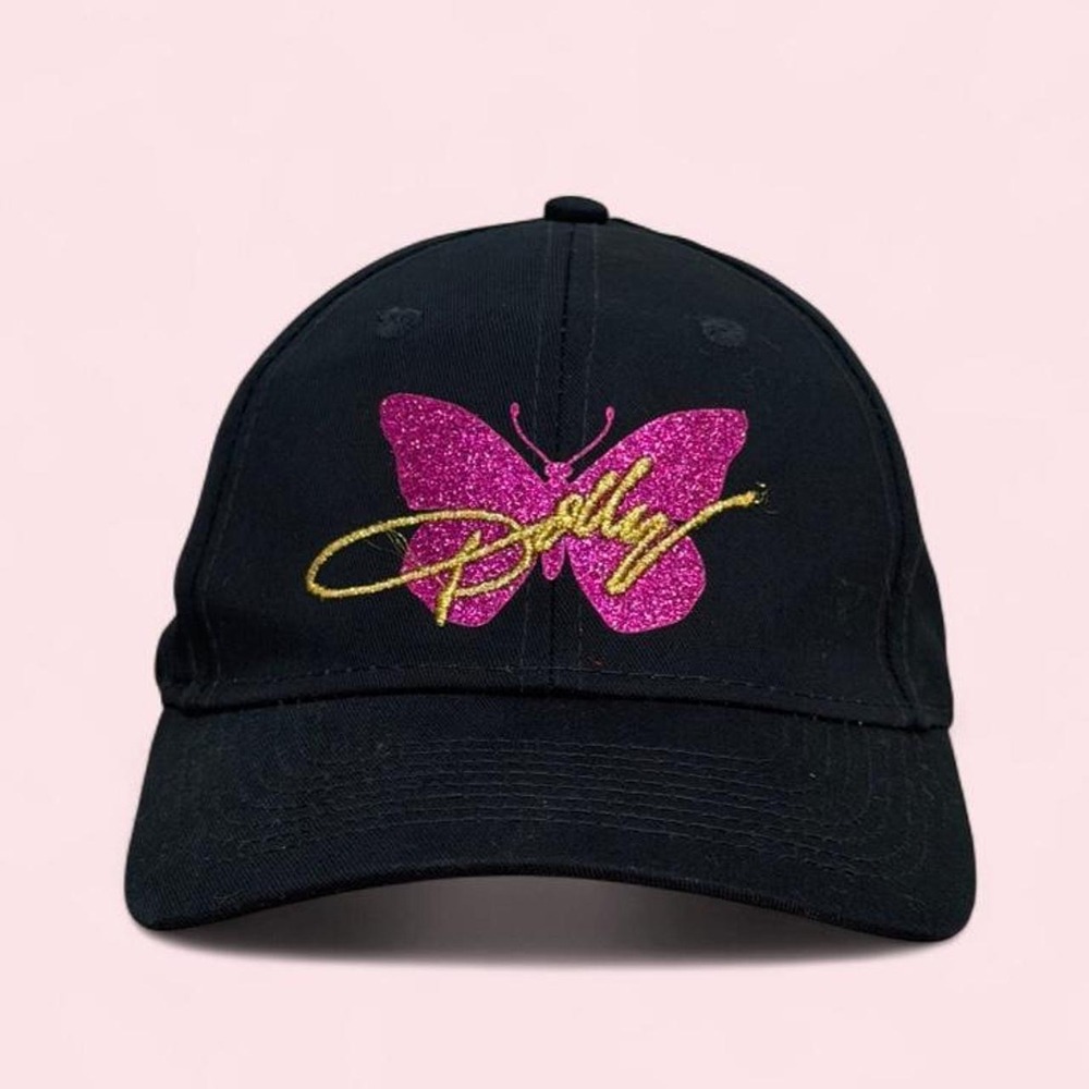 In Memory Dolly Parton Black Baseball Cap Pink Glitter Butterfly Memorial Hat